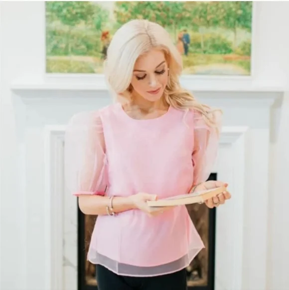 NWT TUCKERNUCK'S HYACINTH HOUSE TULLE SLEEVE ROURKE BLOUSE XL BUBBLEGUM PINK - Picture 1 of 6